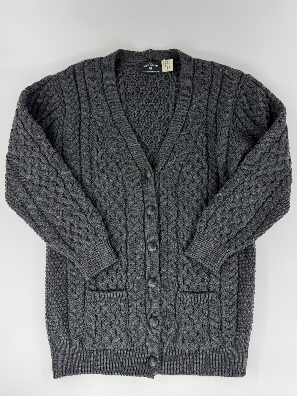 Grey Cardigan sweater Sz XL Cable Knit Fisherman Merino Made in Ireland